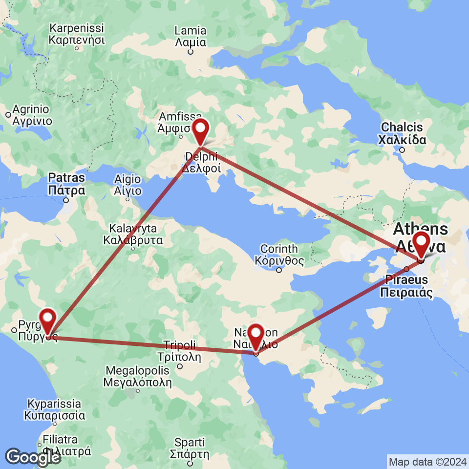 Route for Athens, Nafplio, Ancient Olympia, Delphi, Athens tour